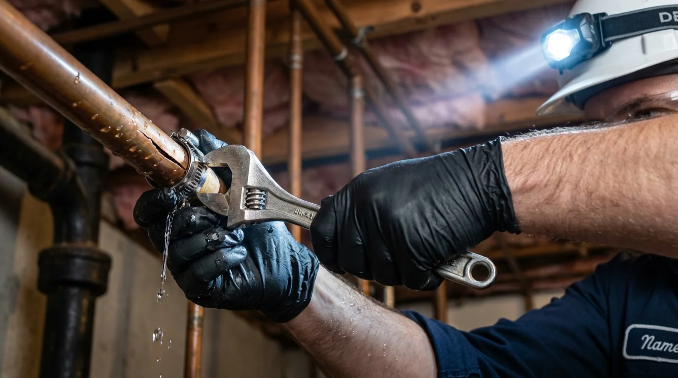 Emergency pipe clamp repair being performed by a Johns Plumbing LLC plumber in District Heights