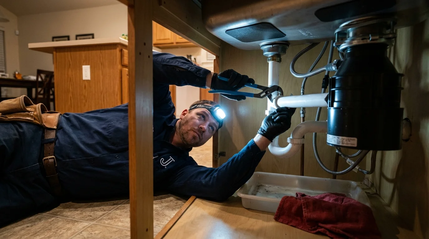 P-trap and supply line connections under a kitchen sink showing a common leak point in District Heights, MD
